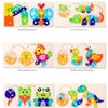 Set of five wooden puzzles showing the growth processes of a butterfly, crocodile, chick, frog, and dinosaur.