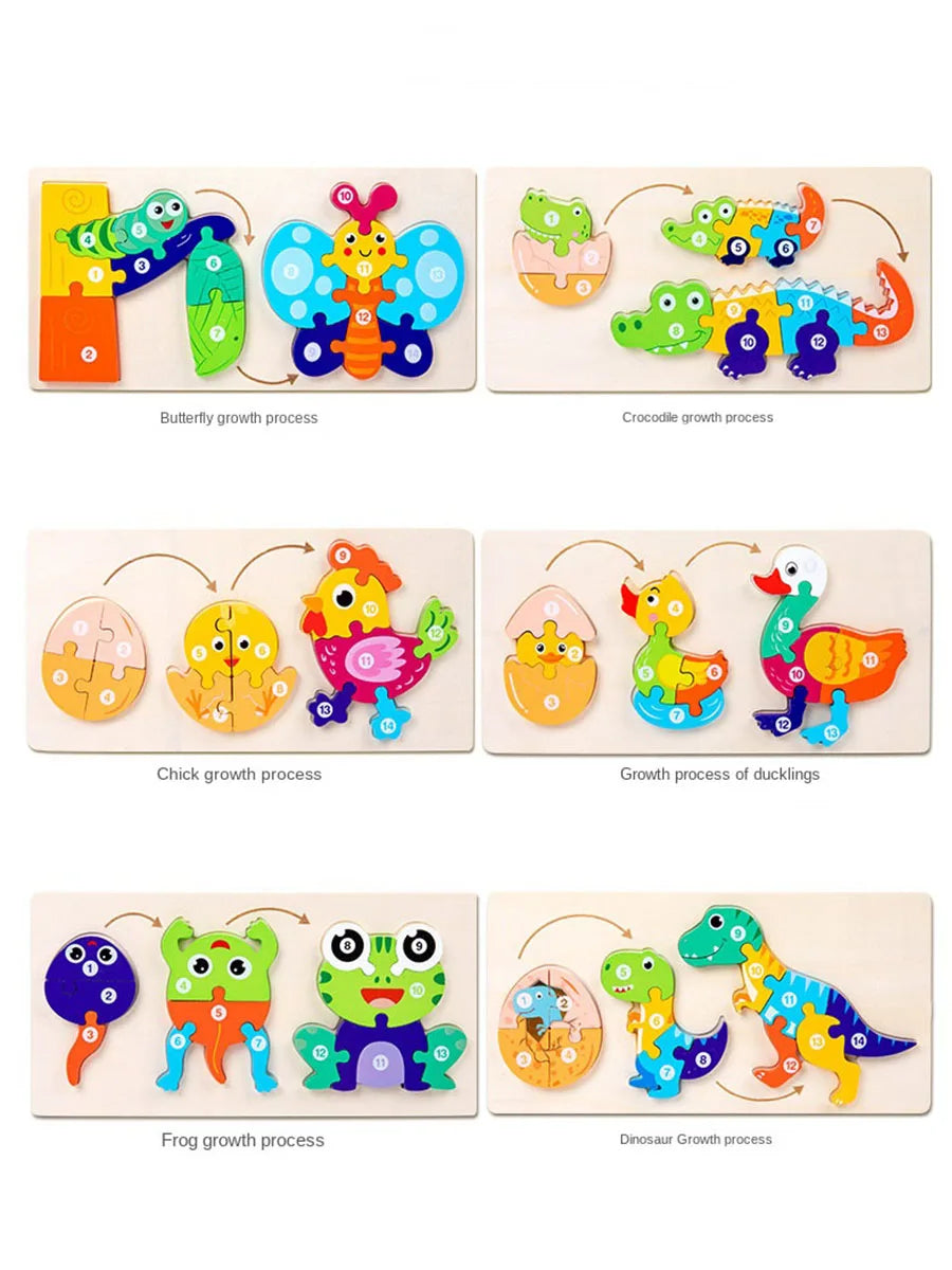 Set of five wooden puzzles showing the growth processes of a butterfly, crocodile, chick, frog, and dinosaur.