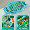 A blue tabletop foosball game featuring a soccer field and goal, with components for pressing and shooting the ball.