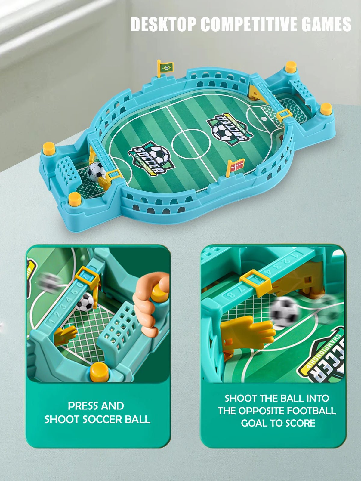 A blue tabletop foosball game featuring a soccer field and goal, with components for pressing and shooting the ball.