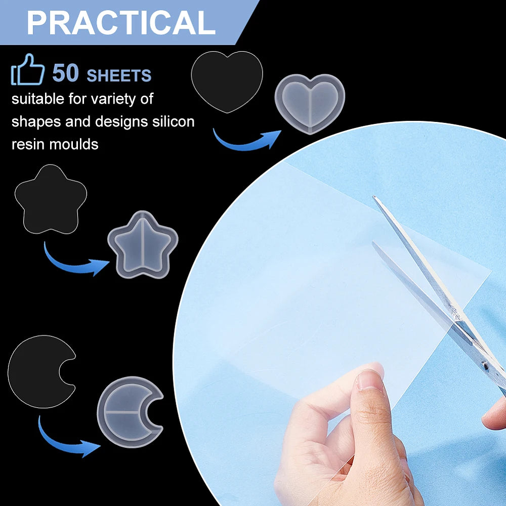 A clear silicone sheet is shown being used to mold various shapes into a resin mold on a blue surface.