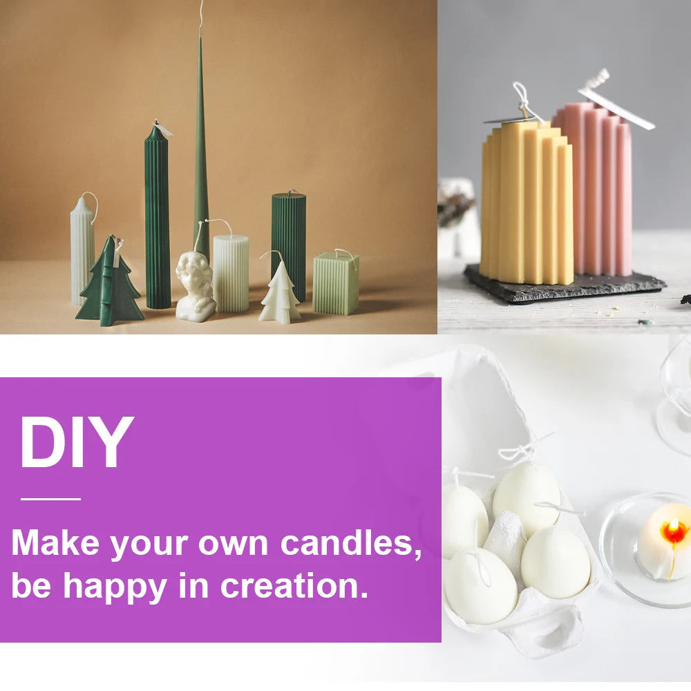 A collection of candles in various shades of green and pink, including pillar candles and decorative elements.
