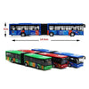A blue and red diecast pull-back city bus toy model.