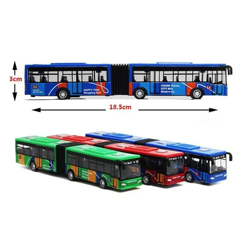 A blue and red diecast pull-back city bus toy model.