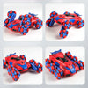 A red and blue stunt car remote control toy with lights and spray effect, shown from multiple angles.