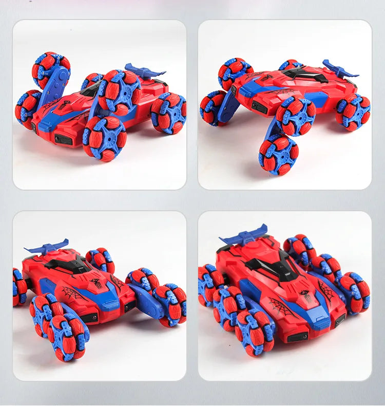A red and blue stunt car remote control toy with lights and spray effect, shown from multiple angles.