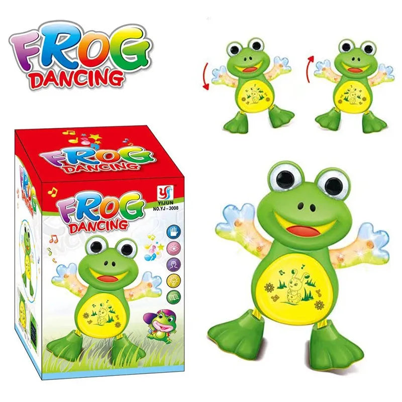 Un coffret de jouets de grenouilles dansantes avec un personnage de grenouille verte et des accessoires.