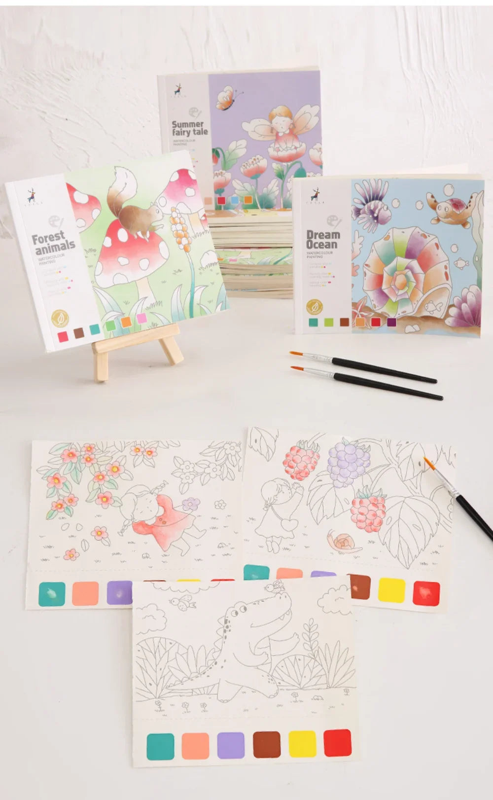 A collection of watercolor painting pages featuring summer fairy tale and forest animal designs.
