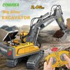 A yellow YIGONG excavator is shown with its arm extended, next to a remote control transmitter.