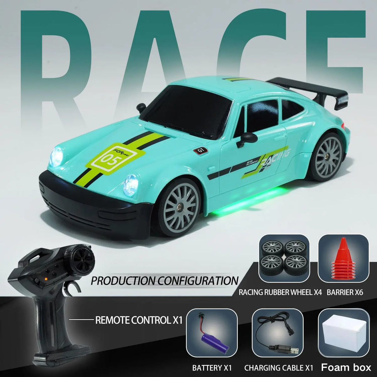A light blue RC drift car with a rear spoiler is shown alongside its remote control, battery, charging cable, and foam box.