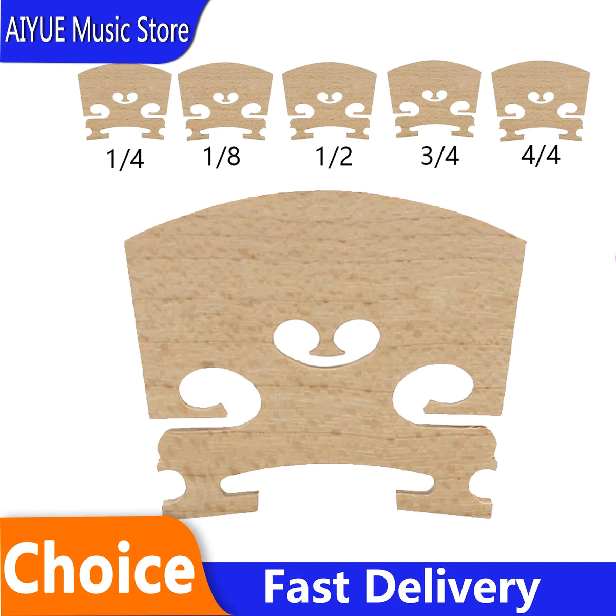 Maple wood violin bridge for various sizes including 1/4, 1/8, 1/2, 3/4, and 4/4