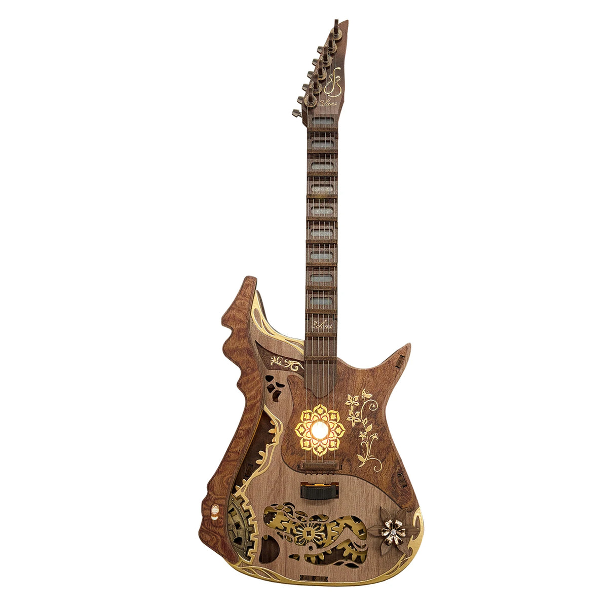 A wooden miniature guitar model kit featuring intricate carvings and decorative elements.