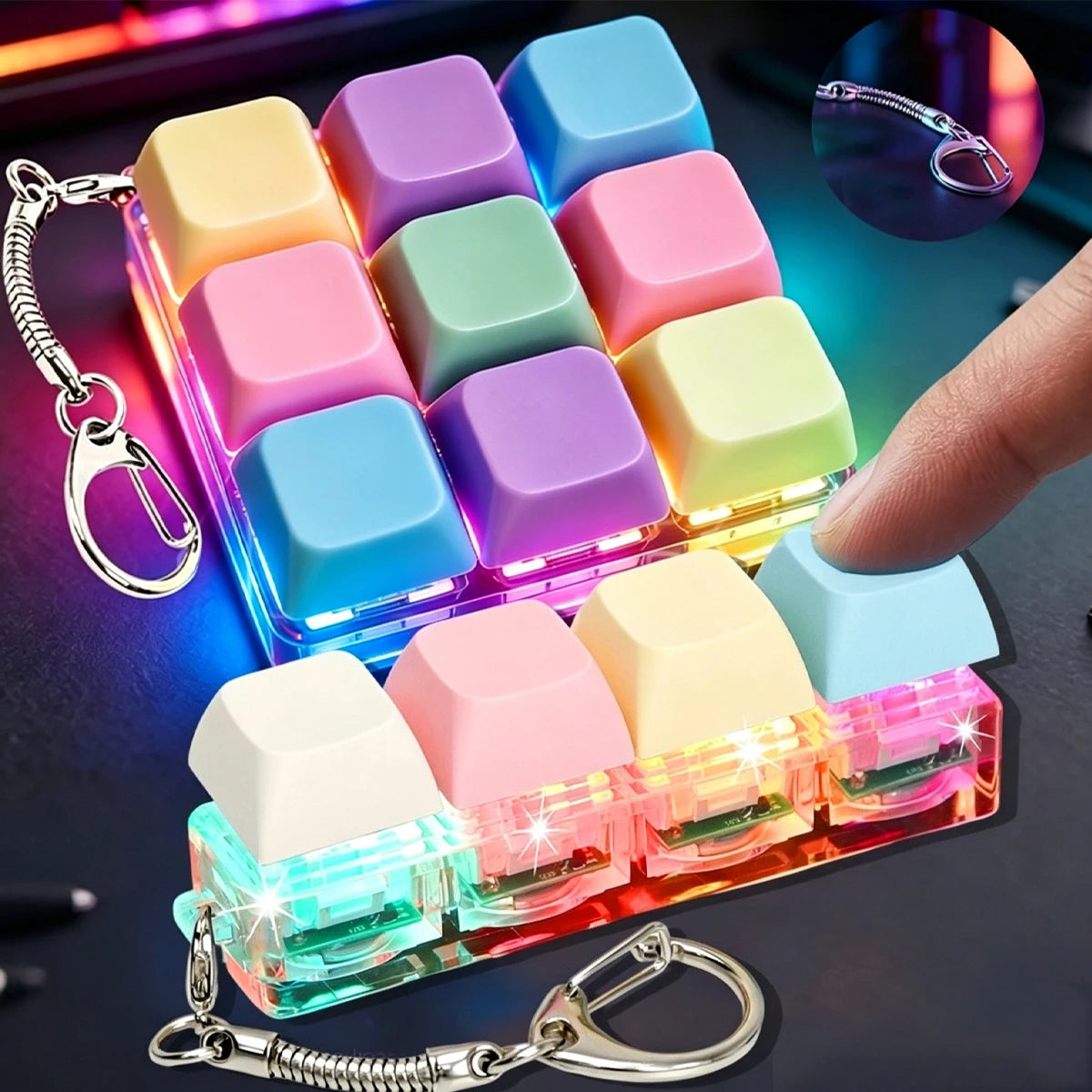 A close-up of an LED fidget keychain featuring nine colorful tactile buttons arranged in a row.