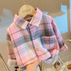 A pink and gray plaid button-up shirt displayed on a wooden hanger.