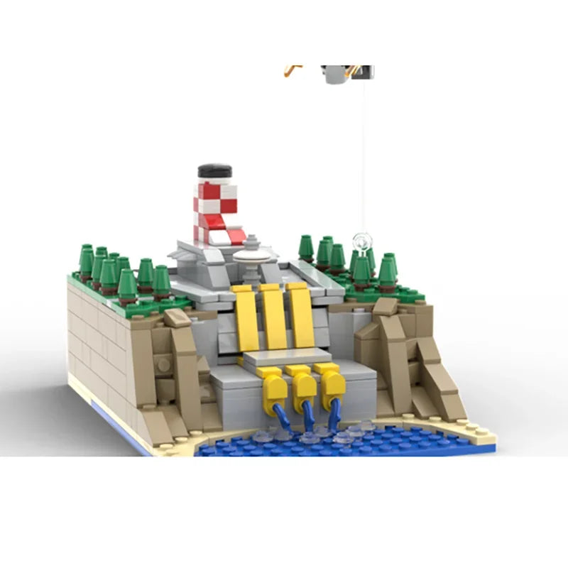 A LEGO construction kit depicting a rocky landscape with a tower and various green and gray elements.