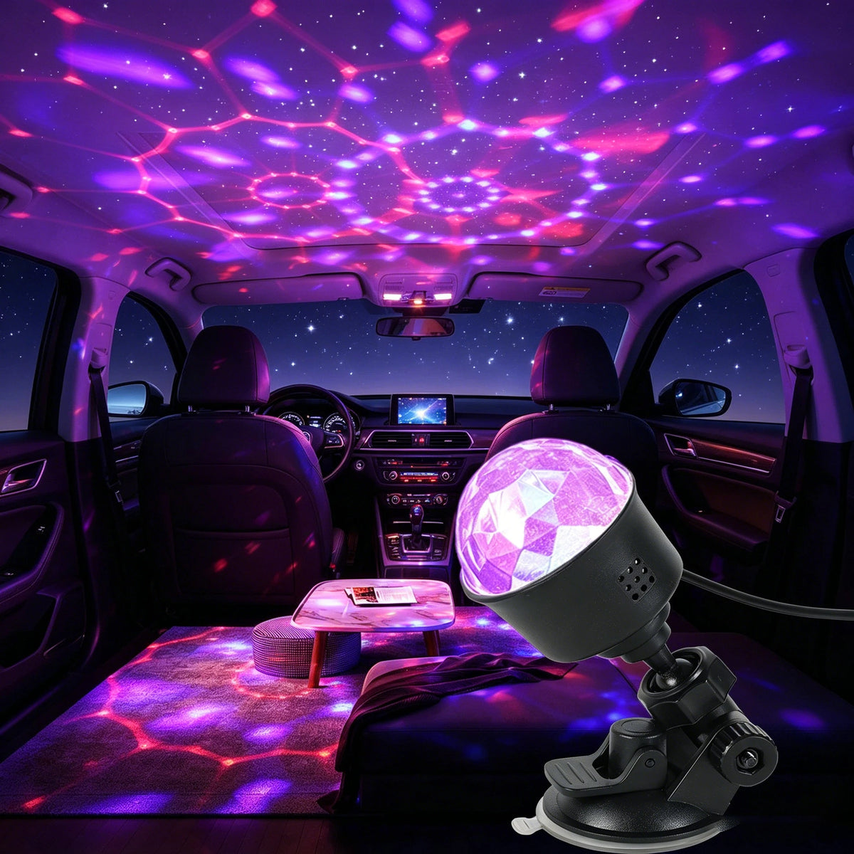 An RGB sound-activated disco ball light is positioned on a purple rug inside a car cabin under starry ambient lighting.
