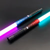 An RGB lightsaber toy with a metal handle and rechargeable battery, featuring blue and red lights.