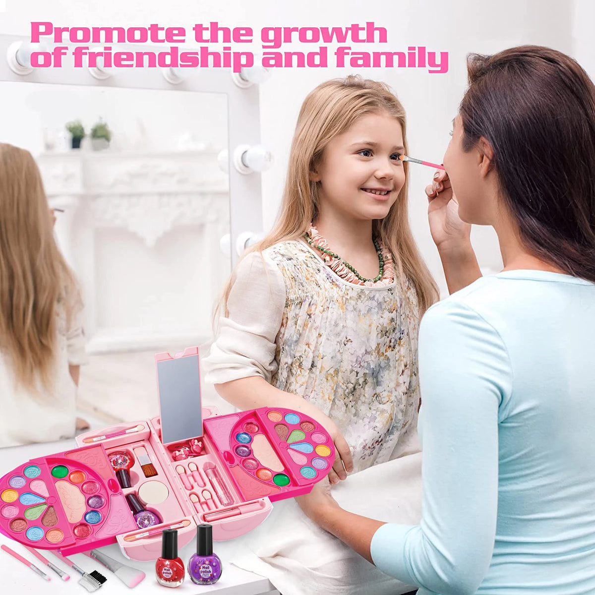 A girl is using a pink makeup kit for pretend play with an adult, promoting friendship and family.