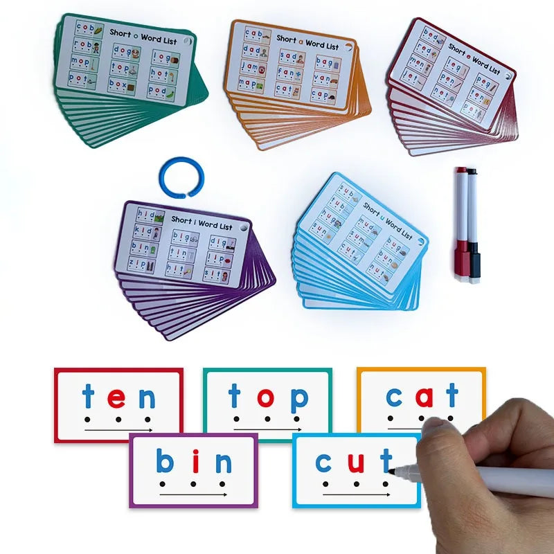Set Doppelseitige CVC-Worterkennungs-Flashcards mit Wörtern wie zehn, top, katze, Eimer und schneiden.