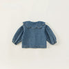 A denim jacket for kids featuring a ruffled collar and short sleeves.