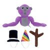 A purple and gray monke plush toy resembling a gorilla, next to a black top hat and a brown branch.