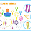 A collection of different style bubble wands and accessories including plastic, absorbent string, and lightweight versions.