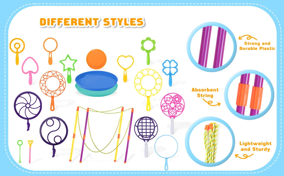 A collection of different style bubble wands and accessories including plastic, absorbent string, and lightweight versions.