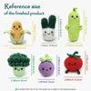 Reference sizes of finished crochet amigurumi products including a cactus, broccoli, and strawberry.