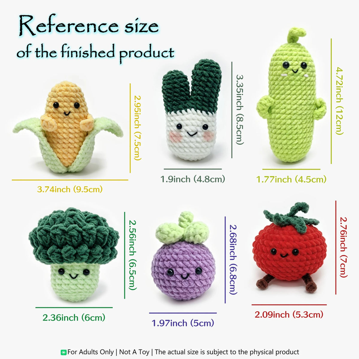 Reference sizes of finished crochet amigurumi animals including a cactus, avocado, strawberry, and cucumber.