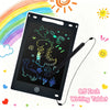 A black 8.5-inch LCD writing tablet with a stylus pen is shown on a white background, surrounded by colorful rainbow and sun 
