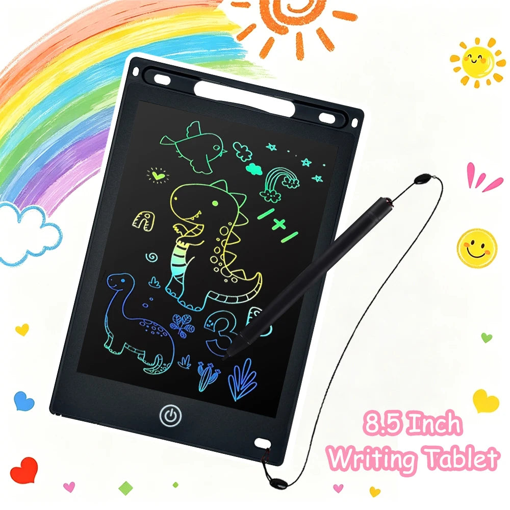 A black 8.5-inch LCD writing tablet with a stylus pen is shown on a white background, surrounded by colorful rainbow and sun 