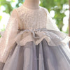 A light gray tulle dress with a sheer, embellished bodice and ruffled skirt displayed on a mannequin.