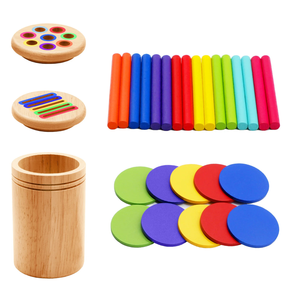 A set of wooden coin and color sorting toys including a circular board and a cylindrical container with colorful rods.