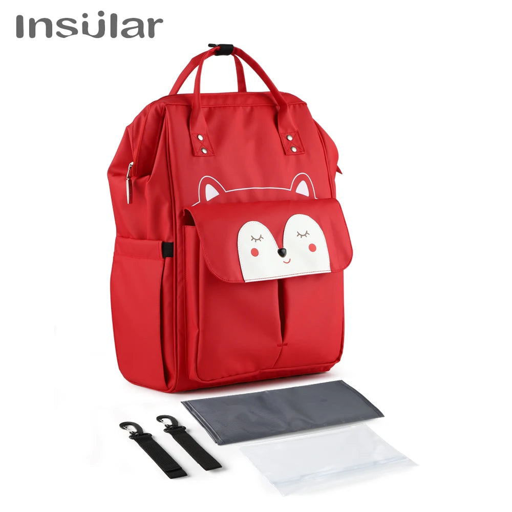 A red waterproof diaper backpack with a changing mat and stroller straps is shown.