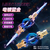 A close-up of a light saber sword with blue glowing blade and gold accents, showing its design and features.