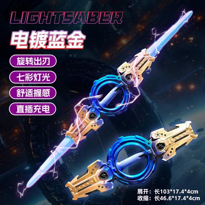 A close-up of a light saber sword with blue glowing blade and gold accents, showing its design and features.