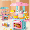 A pink and blue mini pretend play kitchen set with various cooking accessories and food items.