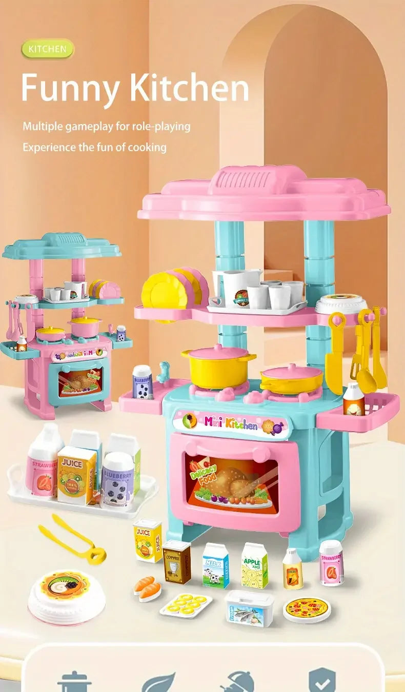 A pink and blue mini pretend play kitchen set with various cooking accessories and food items.