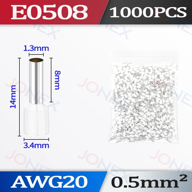 Bag of AWG20 0.5mm² insulated tubular crimp terminals with a 1.3mm length and 8mm height.