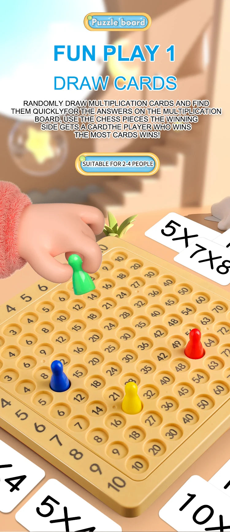 A hand is drawing cards from a multiplication board game featuring a yellow calculator keypad and various colored cards.