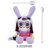 A purple plush toy of a rabbit character with large blue eyes and dark hair.