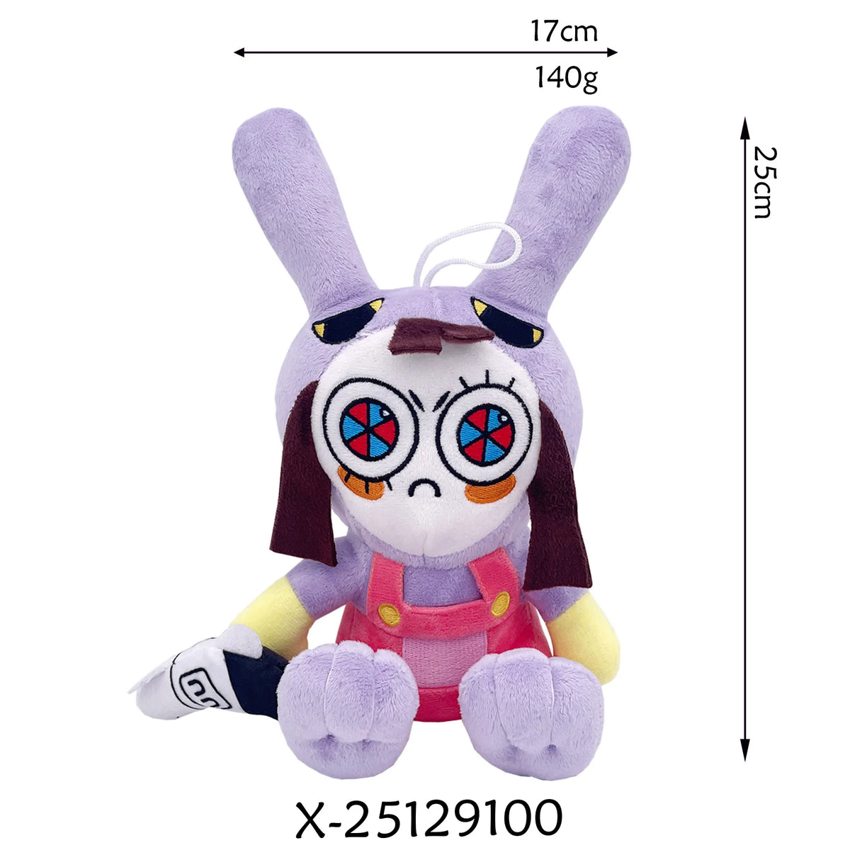 A purple plush toy of a rabbit character with large blue eyes and dark hair.