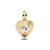 A gold-toned pendant featuring a heart shape with a clear diamond and surrounding gold lines.