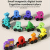A set of small magnetic wooden trains displaying numbers and colors for children's early education.