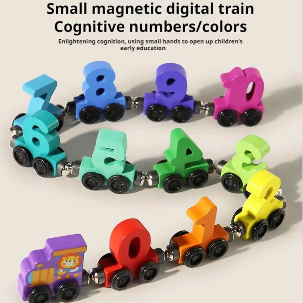 A set of small magnetic wooden trains displaying numbers and colors for children's early education.