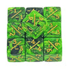 A set of ten green acrylic counter dice showing various negative and positive values.