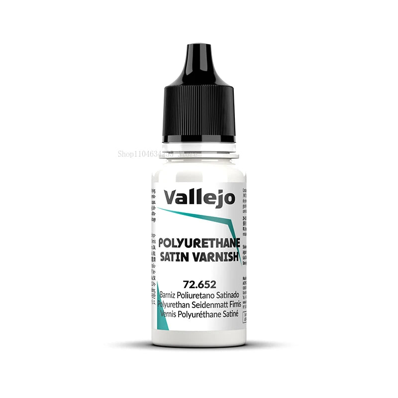 A bottle of Vallejo Polyurethane Satin Varnish with a black dropper cap and white label.