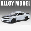 A white diecast model of a Dodge Challenger SRT Hellcat with a black hood and dark wheels.