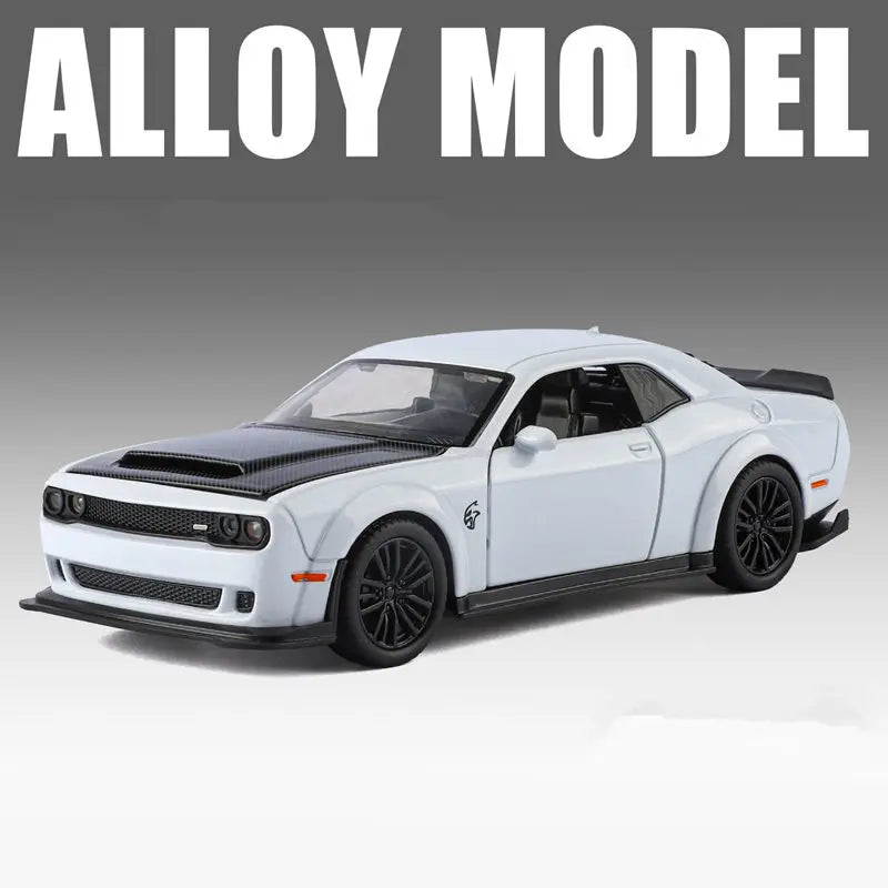 A white diecast model of a Dodge Challenger SRT Hellcat with a black hood and dark wheels.