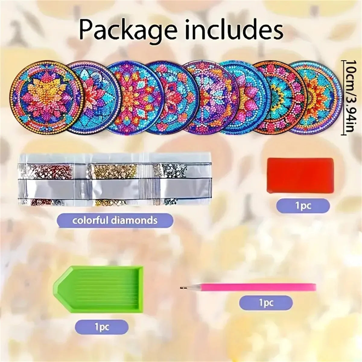 A package of colorful diamonds and a pink pencil for DIY diamond painting coasters